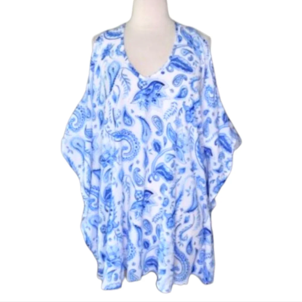SMYMumu Blue Paisley Tunic Dress Shoulder Cutout Beach Boho Festival Oversize XS - Picture 2 of 8